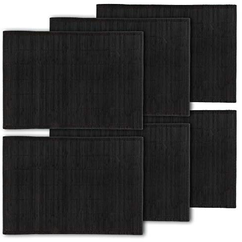 BambooMN Bamboo Slats Placemat with Fabric Border - Solid Colour Print - 18 x 13 - Black, 6 pcs