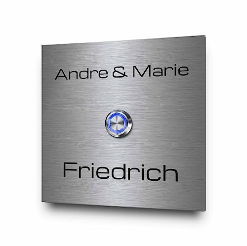 Klingelplatte mit Gravur und modernem Klingeltaster - Türklingel Modell Friedrich ab 8x8 cm | Optional mit verzierender Acrylglasplatte und beleuchtetem Drücker