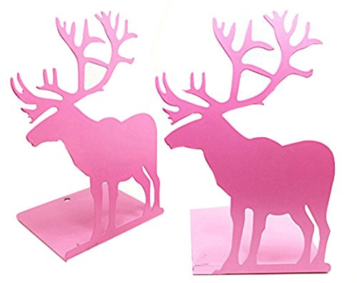 Fashion Creative Cartoon Cute Iron Elk Moose Pattern Nonskid Metal Office Desk Bookends (Pink)