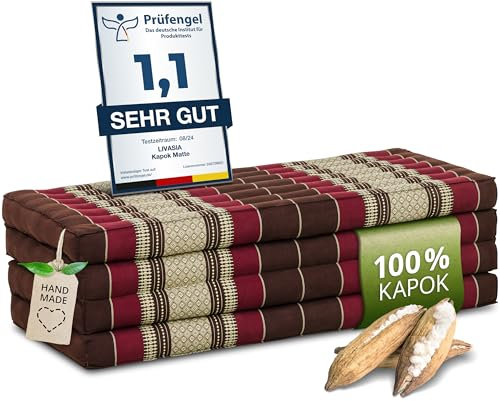livasia Nachhaltige Klappmatratze aus Kapok - 200x110x8cm - breite Gästematratze, Faltbare Matratze, ökologische Yogamatte, klappbares Gästebett, Liege für Garten und Balkon (Weinrot)