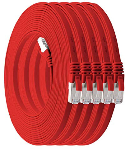 1aTTack.de 1m - rot - 5 Stück Cat7 Flachkabel Netzwerkkabel Cat 7 Rohkabel Gigabit Lan (10Gbit/s) Flachbandkabel Verlegekabel Patchkabel Flach Slim Rj 45 Stecker Cat6a