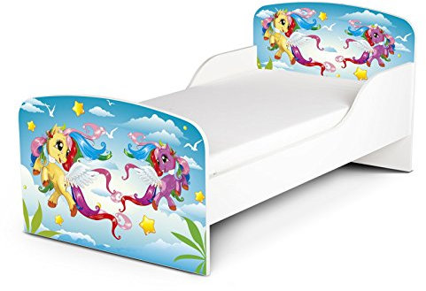 Leomark Funktionsbett aus Holz - Pony - Kinderbett mit Matratze, Holzbett mit Seitenschutz Lattenrost, Komplett Set für Kinderzimmer, Liegefläche 70/140 cm, UV-Druck