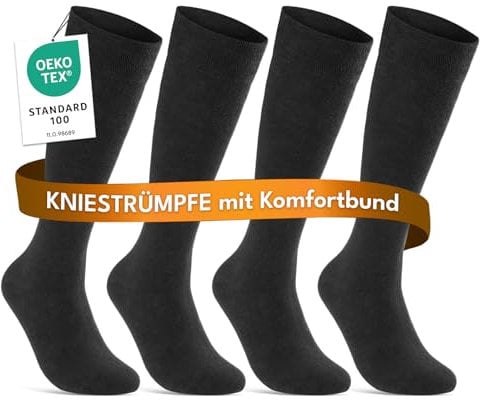 sockenkauf24 Kniestrümpfe Herren Damen Schwarz Baumwolle mit Komfortbund 22104 (4 Paar 35-38)