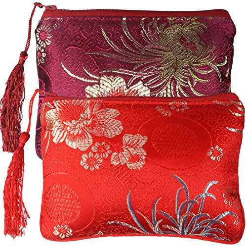 Kilofly Chinesisches Seidentäschchen mit Brokat, Reißverschluss und Quasten, 2er-Set set2 C