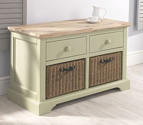 Florence Storage bench with 2 drawers and baskets. SAGE GREEN kitchen bench with 2 wipe clean baskets and optional shelves. FULLY ASSEMBLED
