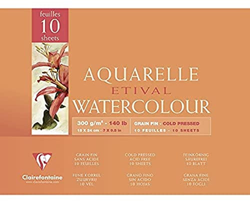 Clairefontaine 96570C Aquarellblock Etival (4-seitig verleimt, 10 Blatt, 300g, für alle Nasstechniken geeignet, feinkörnig, aus 100% Zellulose, 18 x 24 cm) weiß