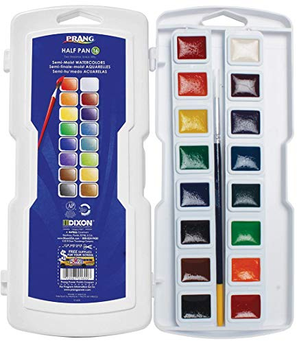 Prang Demi-godets de peinture aquarelle avec pinceau et couvercle, rechargeable, 16 couleurs assorties, (01600)