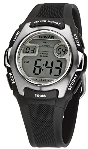SINAR Jungen-Armbanduhr Jugenduhr Sportuhr Outdoor Digital Quarz 10 bar mit Resinarmband und Licht Schwarz Silber XE-50-1