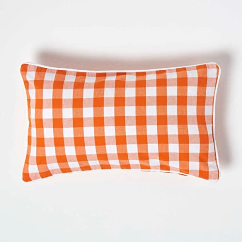 HOMESCAPES Orange and White Gingham Cushion Cover 30 x 50 cm (12” x 20”) Block Check Pattern 100% Cotton Decorative Rectangular Cushion