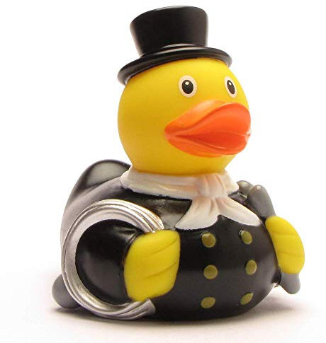 Duckshop I Badeente Schornsteinfeger mit weissem Halstuch | Quietscheente | L: 9 cm I inkl. Quietscheentchen-Schlüsselanhänger im Set I Geschenk Silvester I Glücksbringer