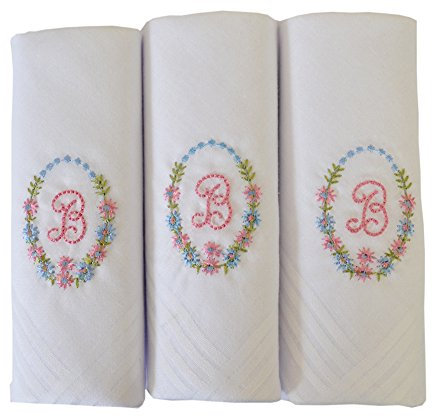 3er Pack Damen/Damen bestickt Initialen Taschentücher mit weißem Satin Rand, B