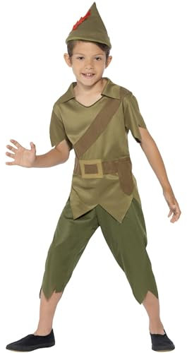 Smiffys Robin Hood Costume, Green with Hat, Top & Trousers, Boys Fancy Dress, Storybook Character Dress Up Costumes