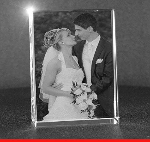 VIP-LASER 2D Gravur Glas Kristall Flachglas selbststehend Hochformat mit Deinem Hochzeitsfoto. Dein Wunschfoto für die Ewigkeit Mitten in Glas! Groesse XL = 105x80x30mm