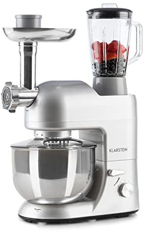 Klarstein Robot Patissier Multifonctions, Batteur sur Socle, Bol 5L, Robot Cuisine 1800W, Blender 1.5L, Robot Multifonction Petrin Boulangerie, Hachoir à Viande, Batteur Electrique Cuisine, 6 Vitesses
