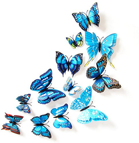 Oblique Unique 3D Schmetterlinge Doppelflügel Effekt Blumen 12er Set Dekoration Wandtattoo (Blau)