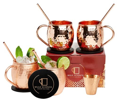 Advanced Mixology Mule Scienza Moscow Mule Rame tazze - Set di 4 - ARTIGIANALE - solido puro rame tazze 16 oz Gift Set con cocktail di rame cannucce, sottobicchieri e il vetro di colpo!