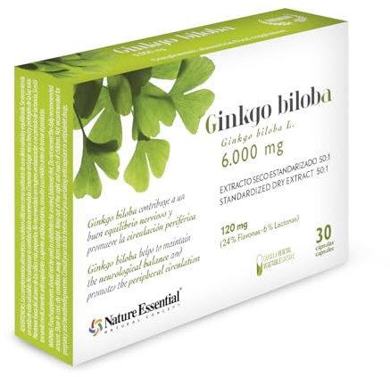 Nature Essential | Ginkgo Biloba 6000 mg. 24% / 6% (Extracto Seco) | 30 Cápsulas Vegetales | con Vid Roja | Vitamina B-1 | Vitamina B-2 | Vitamina B-12 | Ideal para Estudiantes y Deportistas.