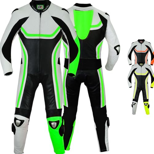 German Wear Combinaison de moto fluorescente en cuir de vachette véritable, taille : 58/3XL, couleur : vert