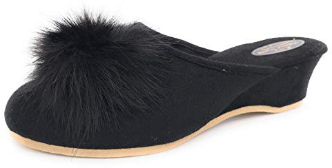 Damen Pantolette schwarz mit Pelzpompon Hausschuhe Trunte Schuhe, EU 40