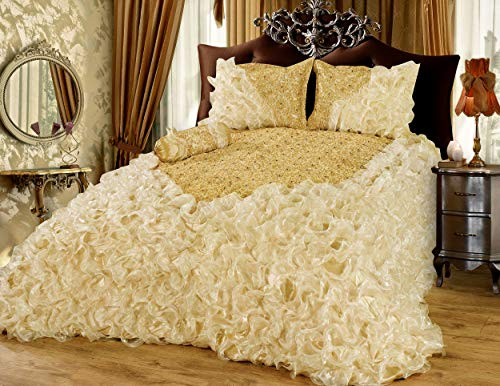 Tagesdecke Bettüberwurf Steppdecke Decke Sofaüberwurf Überwurf Set - hochwertige Bettdecke für Doppelbett Schlafzimmer Gefüttert Gesteppt 250x260cm mit 2 Kissenbezügen und einem Dekokissen - Gold Pflegeleicht Deluxe