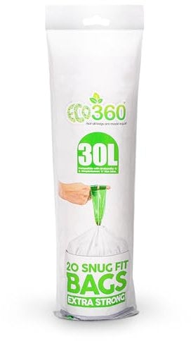 Eco Bag BDS03 Eco360 Extra Strong Kitchen Drawstring Bin Liners 30L (20 Bags), White