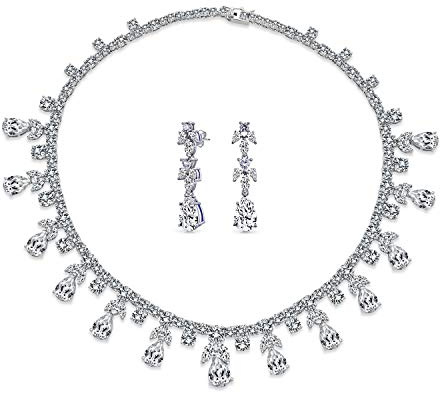 Bling Jewelry Vintage Estate Art Deco Style Design Brautschmuck Set Mode Braut Mehrfach Tropfen AAA CZ Statement Spray Collier Halskette & Kronleuchter Hängeohrringe Für Frauen Versilbert