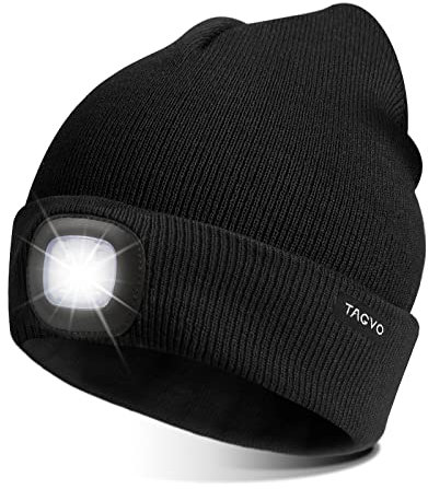 TAGVO USB Nachladbare LED Mütze-Kappe, Beleuchtung und blinkende Warnungs-Arten 8 LED, einfache Installation Schnellverwendbare Scheinwerfer-Mütze, Unisex-Winterwärmer-Strickkappe - Schwarz/Grau