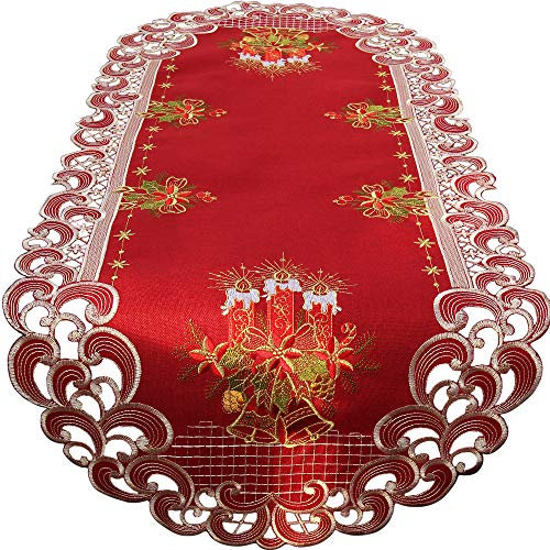 HanaQi Weihnachten Tischläufer Tischdecke Dunkelrot Leinenoptik Rot Kerzen Stickerei (ca. 45x110 cm Oval)