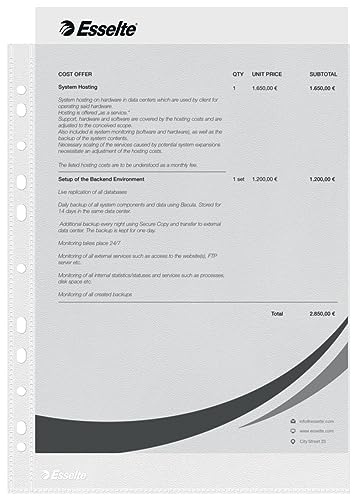Esselte Prospekthüllen-Set, 100 Stück, A4 Format mit Universal-Lochung, Farblos mit matter Oberfläche, 0,043 mm PP-Folie, 56133