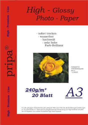 A3 pripa 20 Blatt Fotopapier Photopapier DIN - A 3-240g/qm - glossy (glaenzend) - sofort trocken - wasserfest - hochweiß - sehr hohe Farbbrillianz fuer InkJet Drucker (Tintenstrahldrucker).