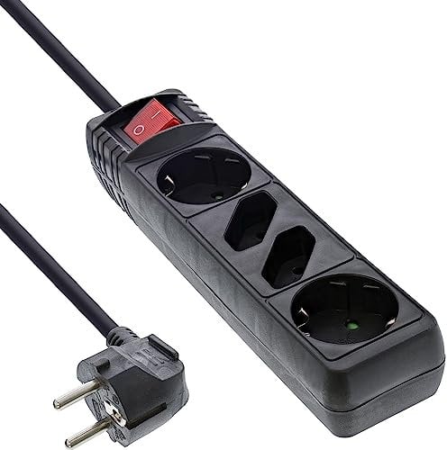 InLine 16443S Steckdosenleiste, 4-fach, 2x Schutzkontakt + 2x Euro, mit Schalter, 3m, schwarz
