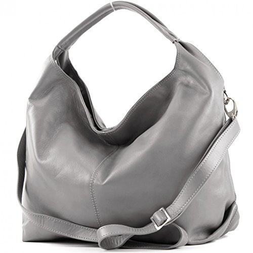 modamoda de - DS26 - ital Damenhandtasche aus Nappaleder, Farbe:Grau