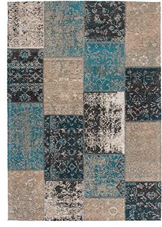 Lalee Flacher Vintageteppich mit Patchworkdesign, Blau, 80 x 150 cm