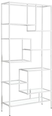 Monarch Specialties I 7159 Bookshelf, Bookcase, Etagere, 72 H, Office, Bedroom, Metal, Tempered Glass, White, Clear, Contemporary, Modern
