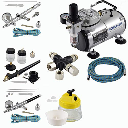 Agora-Tec® Airbrush Komplett-Set EXPERT VIII.13, Komplettsystem für Airbrush, inkl. Kompressor mit 4 bar und 20l/min + 3 Airbrushpistolen mit 0,2 & 0,3 & 0,5 & 0,8mm Nadeln/Düsen + 3-fach Luftdruckverteiler + Clean Pot + 3 Schläuche + Adapter