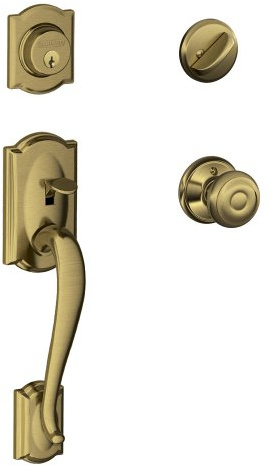 SCHLAGE Camelot Single Cylinder Handleset and Georgian Knob, Antique Brass (F60 CAM 609 GEO)
