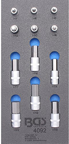 BGS 4092 | Bit-Einsatz-Satz | Innensechskant | 12,5 mm (1/2) | 12-tlg. | Werkstattwageneinlage 1/3 | Größen 5/6/7/8/10/12/14/16/17/18/19/22 mm | Chrom-Vanadium-Stahl | verchromt, matt