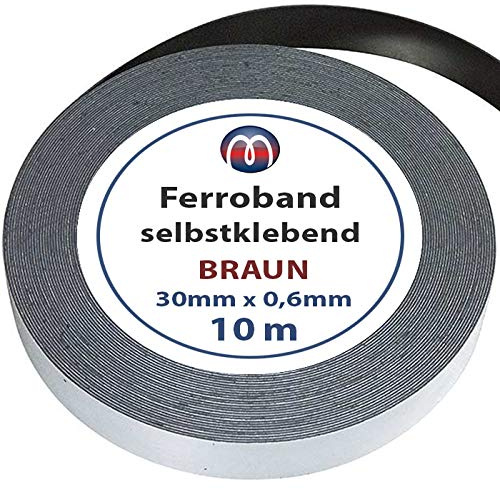 Ferroband Eisenband Selbstklebend Roh Braun 30 mm x 0,6 mm x 10 m Eisenfolie unbeschichtet mit Premium-Kleber - flexibles Haftgrund Haftband für Magnete - Selbstklebende Magnet-Wand-Leiste