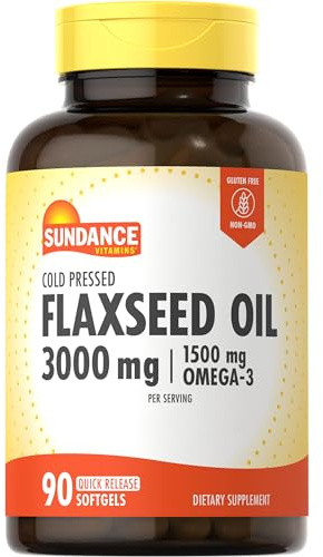 Sundance Flaxseed Oil 3000mg | 90 Softgels | with 1500mg Omega-3 | Cold Pressed | Non-GMO and Gluten Free Supplement
