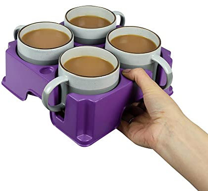 muggi 4 Cup Holder - Reusable Non Spill Drink Holder - Portable Drink Caddy for Motorhome, Caravan, Camping - Mobility Aid Cup Carrier - Hot Drinks Tray, Tea, Coffee & Bottle Holder - Heather Purple