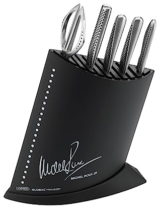 Global Michel Roux Jr 6 Piece Knife Block Set Black, Stainless Steel Kitchen Knives Made in Japan: G-2 Chefs Knife, Kitchen Shears, Vegetable Chopper, Utility Knife, Peeling/Paring Knife, GR-52/BW6