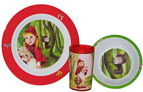 3 tlg. Geschirrset Rotkäppchen - Melamin Trinkbecher + Teller + Müslischale - Kindergeschirr Frühstücksset - Jungen Mädchen Geschirr - Märchen der böse Wo..