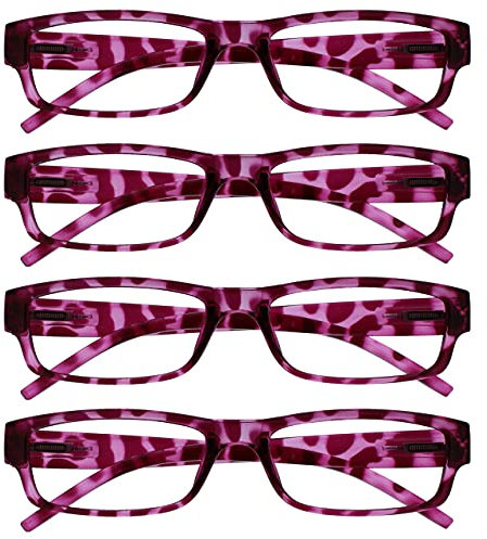 OPULIZE ACE Lesebrille für Damen und Herren - 4er-Pack - Schmaler Rechteckiger Rahmen - Komfort Federscharniere - Kratzfest - Rosa Schildpatt UVR +2.00