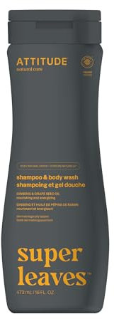 ATTITUDE 2-in-1 Body Wash and Hair Shampoo, EWG Verified Shower Gel, Dermatologically Tested, Made with Naturally Derived Ingredients, Vegan Personal Care, Ginseng and Grapeseed Oil, 473 mL