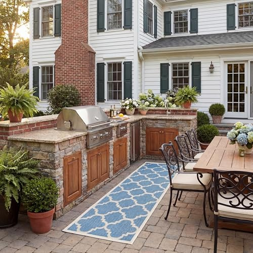 SAFAVIEH Courtyard Collection 2'3 x 8' Blue/Beige CY6243 Moroccan Trellis Indoor/ Outside Waterproof Easy cleansingPatio Backyard Mudroom Runner Mat