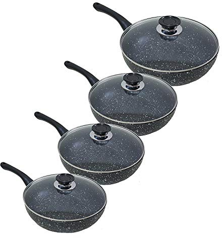 SET 3 PADELLE NERE SALTAPASTA ALTA WOK 26-28-30 CM RIVESTIMENTO IN PIETRA LAVICA ANTIADERENTE CON 3 COPERCHI IN VETRO