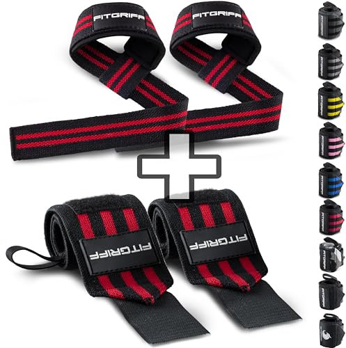 Fitgriff® Handgelenk Bandagen + Zughilfen (2er Set) - für Krafttraining, Fitness, Bodybuilding, Gewichtheben, Gym, Kraftsport - für Frauen und Männer (Black/Red)