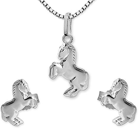 CLEVER SCHMUCK Set Silberne Kinder Ohrstecker 9 mm kleines Pferd springend mit Anhänger 12 mm und Kette Venezia 38 cm STERLING SILBER 925