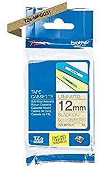 Brother Original P-touch Schriftband TZe-MPGG31 12 mm, schwarz auf gold-geometrisch (u.a. für Brother P-touch H200, H100LB/R, H105, E100/VP, D200/BW/VP, D210/VP)
