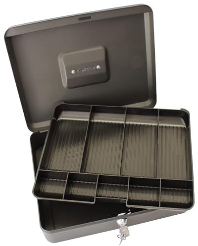 Cathedral Products Key Lockable Cash Box with Lift Out 6 Compartment Coin Tray - 12 Inch - Black